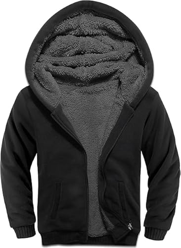JACKETOWN Jungen Sweatjacke Gefüttert Kinder Hoodie Sweatshirt Kapuzenpullover Fleecejacke mit Kapuze Langarm Warme Winterjacke Classic Pullover mit Reißverschluss(Schwarz-XL) von JACKETOWN