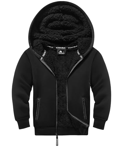 JACKETOWN Jungen Sweatjacke Gefüttert Kinder Hoodie Sweatshirt Kapuzenpullover Fleecejacke mit Kapuze Langarm Warme Winterjacke Classic Pullover mit Reißverschluss(Schwarz-XL) von JACKETOWN