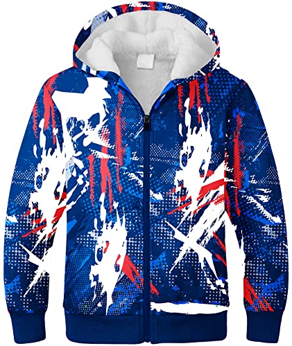 JACKETOWN Kinder Fleecejacke Jungen Bedrucktes Sweatshirt Warme Kinder Kapuzenpullover mit Reißverschluss Langarm Kapuzenjacke mit Kapuze Kinder(Blau-2XL) von JACKETOWN