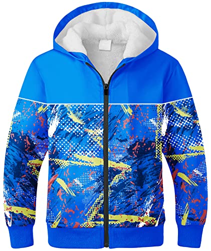 JACKETOWN Kinder Fleecejacke Jungen Bedrucktes Sweatshirt Warme Kinder Kapuzenpullover mit Reißverschluss Langarm Kapuzenjacke mit Kapuze Kinder(Blau-L) von JACKETOWN