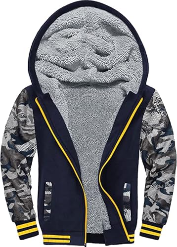 JACKETOWN Kinder-Kapuzenjacke Jungen Kapuzenpullover mit Klassische Farbblock Langarm Warme Winterjacke mit Kapuze mit Reißverschluss Sweatshirt für Kinder(Tarnung blau-S) von JACKETOWN