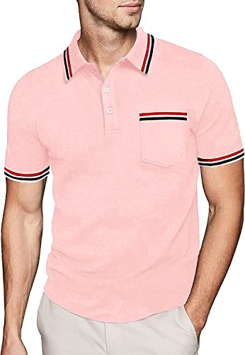 JACKETOWN Poloshirt Herren Kurzarm Regular Polohemd Männer Schnelltrocknend Casual Sport Shirt Outdoor Tshirts Mit Brillenhalter Knopfleiste Atmungsaktives Poloshirts(2412-Hellrosa-2XL) von JACKETOWN