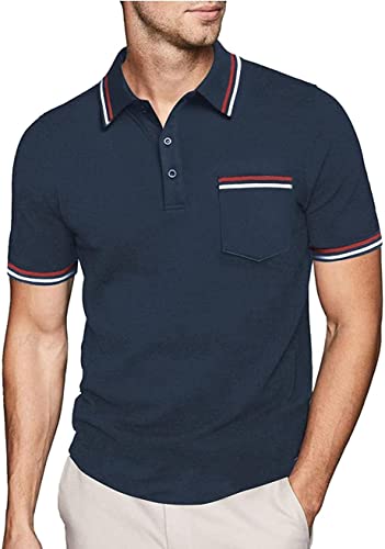 JACKETOWN Poloshirt Herren Kurzarm Regular Polohemd Männer Schnelltrocknend Casual Sport Shirt Outdoor Tshirts Mit Brillenhalter Knopfleiste Atmungsaktives Poloshirts(2412-Navy-3XL) von JACKETOWN