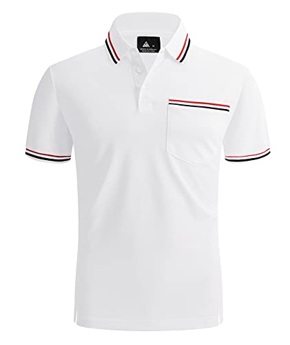 JACKETOWN Poloshirt Herren Kurzarm Regular T-Shirts Männer Schnelltrocknend Casual Sport Shirt Outdoor Tshirts Mit Brillenhalter Knopfleiste Atmungsaktives Poloshirts(2412-Weiß-2XL) von JACKETOWN