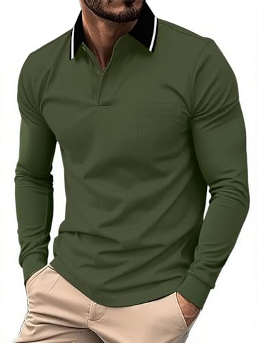 JACKETOWN Poloshirt Herren Langarm Knopfkragen Arbeitshemd Atmungsaktiv Arbeits Poloshirts Button Down Polohemd Golf Frühling Herbst Casual Polo Hemd,Armeegrün,L von JACKETOWN