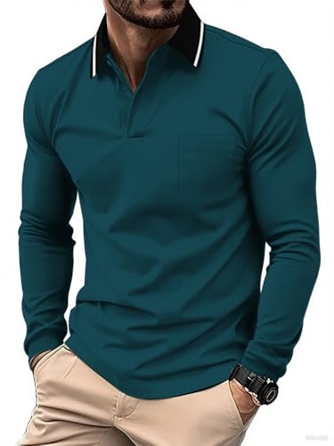 JACKETOWN Poloshirt Herren Langarm Knopfkragen Arbeitshemd Atmungsaktiv Arbeits Poloshirts Button Down Polohemd Golf Frühling Herbst Casual Polo Hemd,Dunkelblau,XL von JACKETOWN