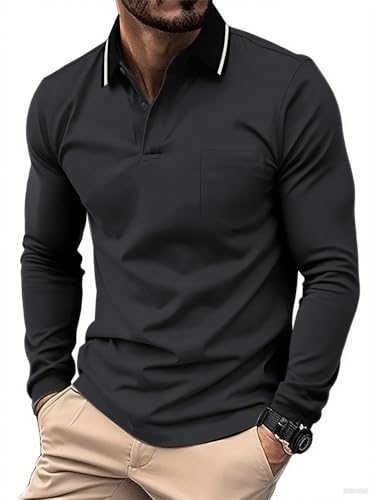 JACKETOWN Poloshirt Herren Langarm Knopfkragen Arbeitshemd Atmungsaktiv Arbeits Poloshirts Button Down Polohemd Golf Frühling Herbst Casual Polo Hemd,Dunkelgrau,L von JACKETOWN