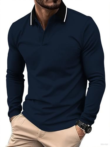 JACKETOWN Poloshirt Herren Langarm Knopfkragen Arbeitshemd Atmungsaktiv Arbeits Poloshirts Button Down Polohemd Golf Frühling Herbst Casual Polo Hemd,Marineblau,XL von JACKETOWN