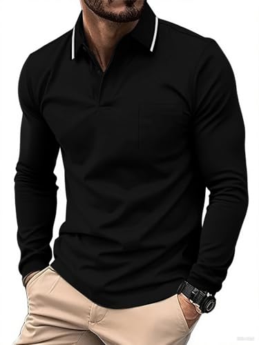 JACKETOWN Poloshirt Herren Langarm Knopfkragen Arbeitshemd Atmungsaktiv Arbeits Poloshirts Button Down Polohemd Golf Frühling Herbst Casual Polo Hemd,Schwarz,XXL von JACKETOWN