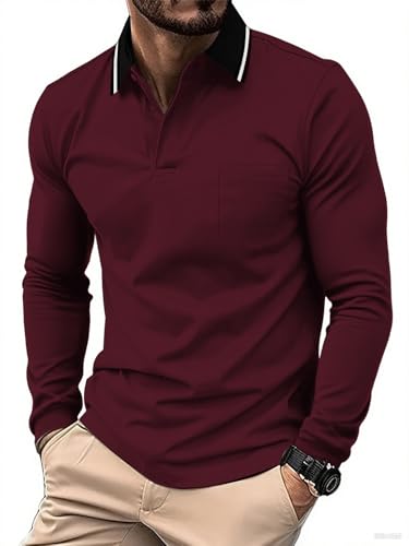 JACKETOWN Poloshirt Herren Langarm Knopfkragen Arbeitshemd Atmungsaktiv Arbeits Poloshirts Button Down Polohemd Golf Frühling Herbst Casual Polo Hemd,Weinrot,3XL von JACKETOWN