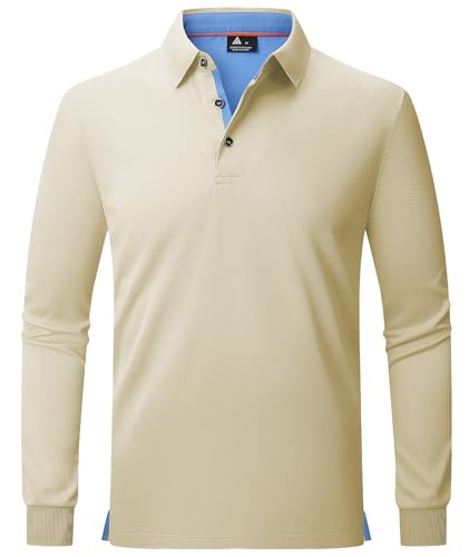 JACKETOWN Poloshirt Herren Langarm Knopfkragen Poloshirt Button Down Hemden Atmungsaktiv Golf Polohemd Frühling Herbst T Shirt,Beige,3XL von JACKETOWN