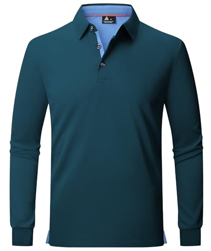 JACKETOWN Poloshirt Herren Langarm Knopfkragen Poloshirt Button Down Hemden Atmungsaktiv Golf Polohemd Frühling Herbst T Shirt,Dunkel Duck Blau,XXL von JACKETOWN