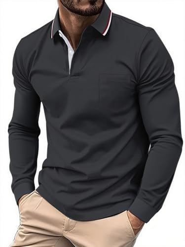 JACKETOWN Poloshirt Langarm Herren Golf Polo Shirts Knopfleiste Polohemd Arbeit Casual Hemd mit Tasche Männer Atmungsaktives Pullover Herbst Winter M-3XL von JACKETOWN