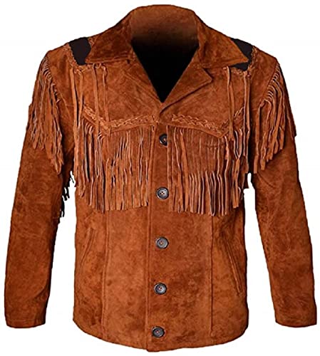 Herren Cowboy Wildleder Fransen Lederjacke Westernfransen Leder Wildleder Mantel Stil, Braun – Fransenjacke, XXXL von JACKETZONE