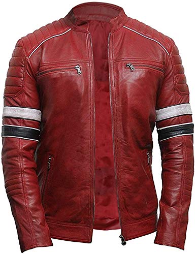 Herren Lederjacke Rot Schwarz & Weiß Streifen | Racing Biker Style Lederjacke, Echtes Leder, rot., L von JACKETZONE