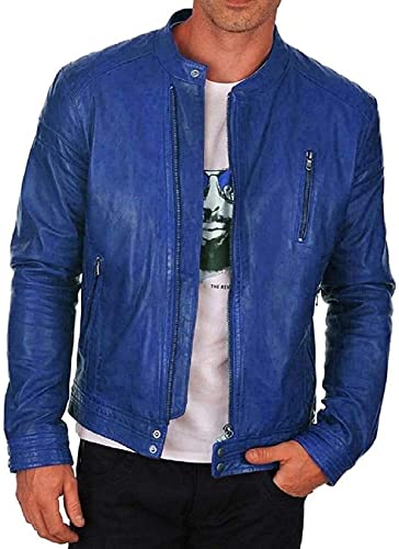 JACKETZONE Blaue Lederjacke | Herren echtes Lammleder Slim Fit Biker Motorradjacke für Herren, Echtleder – blaue Lederjacke, L von JACKETZONE