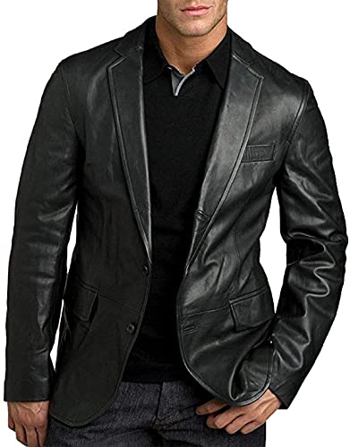 JACKETZONE Herren Echt Lammfell Leder Blazer Jacke Slim Fit Leder | Schwarz Lederblazer für Männer, Schwarz – lässige Blazer-Jacke, XXXL von JACKETZONE