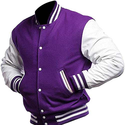 JACKETZONE Varsity Letterman Herrenjacke, Unisex, Varsity-Jacke, Baseball-Bomberjacke, Lila & Weiß – Wolle + Kunstleder-Ärmel, Medium von JACKETZONE