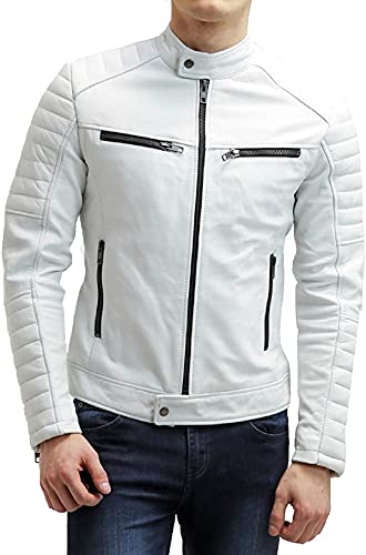 JACKETZONE Weiße Lederjacke für Herren, Bikerjacke, Cafe Racer-Jacke, Herrenjacken, Lederjacken für Herren, Weiß. Lederjacke von JACKETZONE