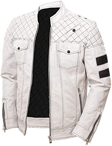 JACKETZONE Weiße Lederjacken für Herren, gesteppt, weiße Bikerjacke mit schwarzen Streifen, Echtes Leder, weiß, XXL von JACKETZONE