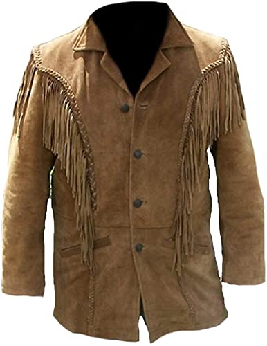 JACKETZONE Winter Western Herren Cowboy Fransen Lederjacke | Fransen Perlen Wildleder Mantel, Braun – Wildlederjacke, M von JACKETZONE