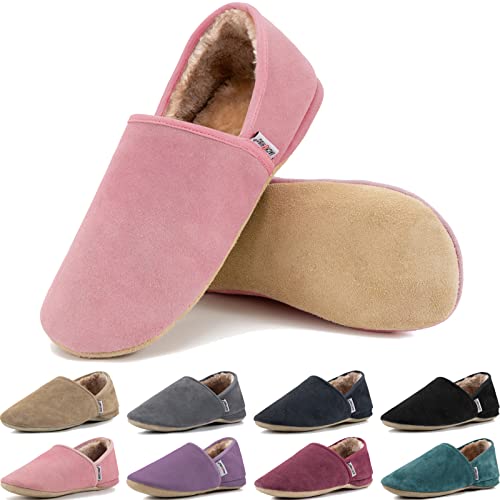 JACKSHIBO Hausschuhe Damen Herren Warme Plüsch Pantoffeln Weiche Leicht Leder Hüttenschuhe Bequeme Rutschfest Drinnen Barfußschuhe Slippers(Rosa(Plüsch),EU42/43) von JACKSHIBO