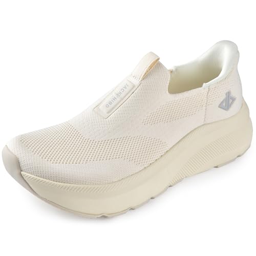 JACKSHIBO Hände frei Slip in Damen Schuhe Slip on Sneakers Fußbogenstütze Orthopädische Schuhe Memory Foam Walkingschuhe Mit Weite Zehenbox Nullabsatz Sohlen Beige 40EU von JACKSHIBO