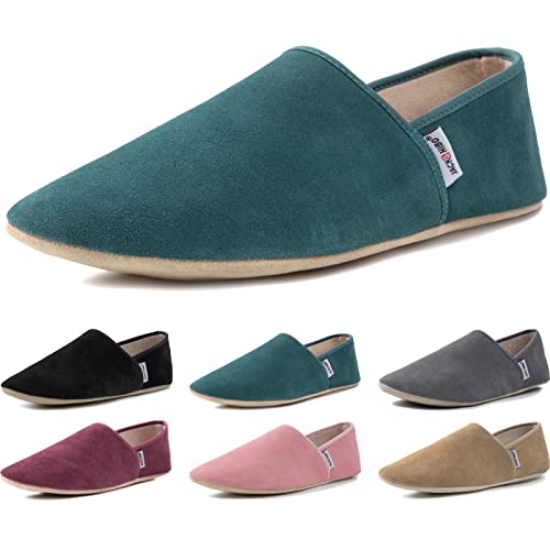 JACKSHIBO Hausschuhe Damen Herren Pantoffeln Weiche Leicht Leder Hüttenschuhe Bequeme Rutschfest Drinnen Barfußschuhe Slippers(Grün,EU42/43) von JACKSHIBO