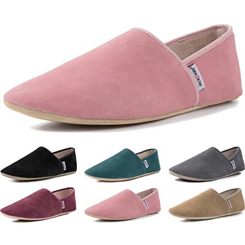 JACKSHIBO Hausschuhe Damen Herren Pantoffeln Weiche Leicht Leder Hüttenschuhe Bequeme Rutschfest Drinnen Barfußschuhe Slippers(Rosa,EU42/43) von JACKSHIBO