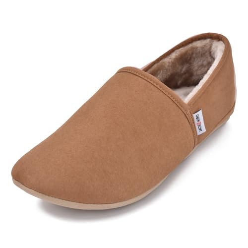 JACKSHIBO Hausschuhe Damen Herren Warme Plüsch Pantoffeln Weite Zehenbox Weiche Leicht Leder Hüttenschuhe Bequeme Rutschfest Drinnen Barfußschuhe Slippers Nullabsatz Sohlen (Braun(Plüsch),EU39) von JACKSHIBO