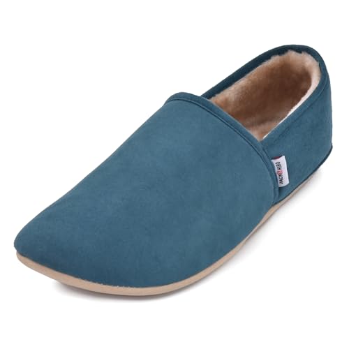 JACKSHIBO Hausschuhe Damen Herren Warme Plüsch Pantoffeln Weite Zehenbox Weiche Leicht Leder Hüttenschuhe Bequeme Rutschfest Drinnen Barfußschuhe Slippers Nullabsatz Sohlen (Grün(Plüsch),EU39) von JACKSHIBO