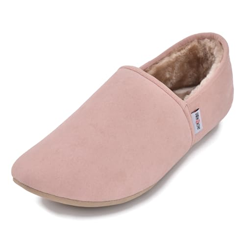 JACKSHIBO Hausschuhe Damen Herren Warme Plüsch Pantoffeln Weite Zehenbox Weiche Leicht Leder Hüttenschuhe Bequeme Rutschfest Drinnen Barfußschuhe Slippers Nullabsatz Sohlen (Rosa(Plüsch),EU37) von JACKSHIBO