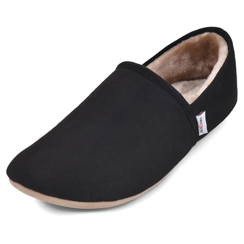 JACKSHIBO Hausschuhe Damen Herren Warme Plüsch Pantoffeln Weite Zehenbox Weiche Leicht Leder Hüttenschuhe Bequeme Rutschfest Drinnen Barfußschuhe Slippers Nullabsatz Sohlen (Schwarz(Plüsch),EU47) von JACKSHIBO