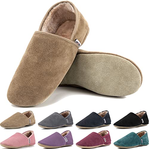 JACKSHIBO Hausschuhe Damen Herren Warme Plüsch Pantoffeln Weiche Leicht Leder Hüttenschuhe Bequeme Rutschfest Drinnen Barfußschuhe Slippers(Braun(Plüsch),EU42/43) von JACKSHIBO