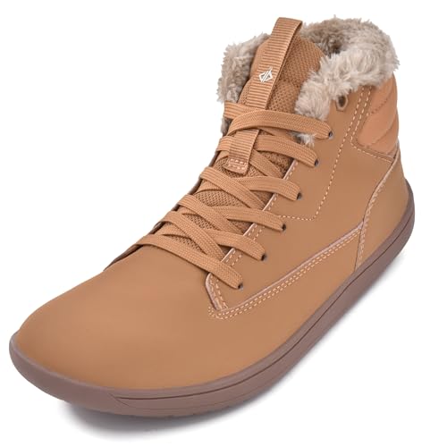 JACKSHIBO Winter Barfußschuhe Damen Warm Gefüttert Winterschuhe Wasserdicht Winterstiefel Winterboots Barfuss Schuhe Mit Weite Zehenbox Damen stiefel Nullabsatz Sohlen Schneestiefel Braun 39 EU von JACKSHIBO
