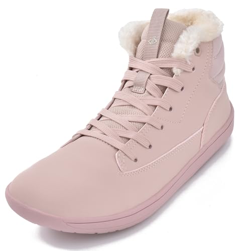 JACKSHIBO Winter Barfußschuhe Damen Warm Gefüttert Winterschuhe Wasserdicht Winterstiefel Winterboots Barfuss Schuhe Mit Weite Zehenbox Damen stiefel Nullabsatz Sohlen Schneestiefel Rosa 40 EU von JACKSHIBO