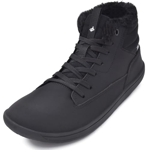 JACKSHIBO Winter Barfußschuhe Damen Warm Gefüttert Winterschuhe Wasserdicht Winterstiefel Winterboots Barfuss Schuhe Mit Weite Zehenbox Damen stiefel Nullabsatz Sohlen Schneestiefel Schwarz 37 EU von JACKSHIBO