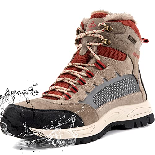 JACKSHIBO Winterschuhe Herren Winterstiefel Wasserdicht Stiefel Herren Trekking Wanderschuhe Warme Gefüttert Schneestiefel Rutschfest Winterboots Outdoor Rot Braun EU37 von JACKSHIBO