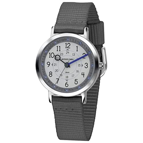 JACQUES FAREL Happy Learning Kinder-Armbanduhr Lernuhr Jungen Analog Quarz mit Textilband Anthrazit KOP 22 von JACQUES FAREL