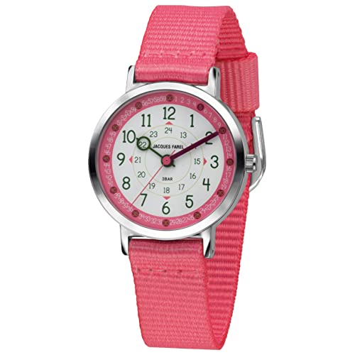 JACQUES FAREL Happy Learning Kinder-Armbanduhr Lernuhr Mädchen Analog Quarz mit Textilband Rosa Pink KOP 24 von JACQUES FAREL