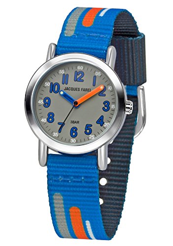 JACQUES FAREL Kinder-Armbanduhr Jungen Analog Quarz mit Stoffband Textilband Blau Orange Grau KPS 201 von JACQUES FAREL