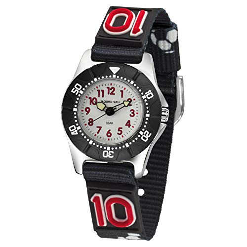JACQUES FAREL Kinder-Armbanduhr Jungen Fußball Textilband schwarz Drehring analog Quarz KWD 5000 von JACQUES FAREL