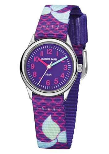 JACQUES FAREL Kinder-Armbanduhr Lernuhr Mädchen Analog Quarz mit Textilband Meerjungfrau-Flosse Lila Violett Hellblau HCC 3144 von JACQUES FAREL