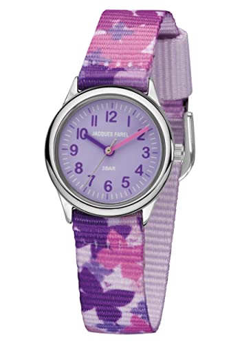 JACQUES FAREL Kinder-Armbanduhr Lernuhr Mädchen Analog Quarz mit Textilband Schmetterlinge Lila Rosa Violett HCC 3142 von JACQUES FAREL