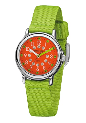 JACQUES FAREL Kinder-Armbanduhr Lernuhr Mädchen Jungen Analog Quarz mit Textilband extra weich Hellgrün Orange KCF 090 von JACQUES FAREL