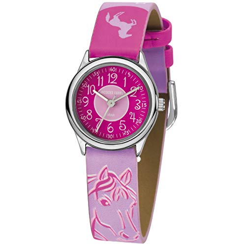 JACQUES FAREL Kinder-Armbanduhr Pferd Sterne rosa-pink Analog Quarz Metall Kunstleder HCC 312 von JACQUES FAREL