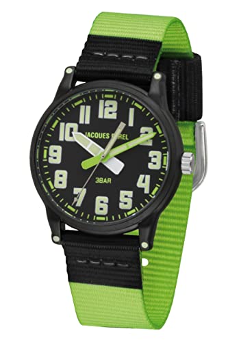 JACQUES FAREL Kinder Jugend Armbanduhr Jungen Analog Quarz mit Textilband Grün Schwarz und Leuchtelementen KLM 03 von JACQUES FAREL