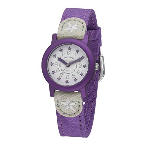 JACQUES FAREL Öko Kinderarmbanduhr Mädchen Analog Quarz mit Textilarmband aus Bio-Baumwolle Lila Grau Sterne Nachhaltig ORG 03 STA von JACQUES FAREL
