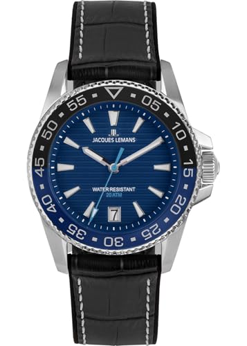 JACQUES LEMANS 1-2205B Herrenuhr Liverpool Diver Silikonband mit Leder Oberfläche 41 MM Datum 20 ATM von JACQUES LEMANS