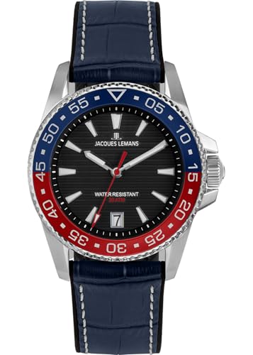 JACQUES LEMANS 1-2205D Herrenuhr Liverpool Diver Silikonband mit Leder Oberfläche 41 MM Datum 20 ATM von JACQUES LEMANS